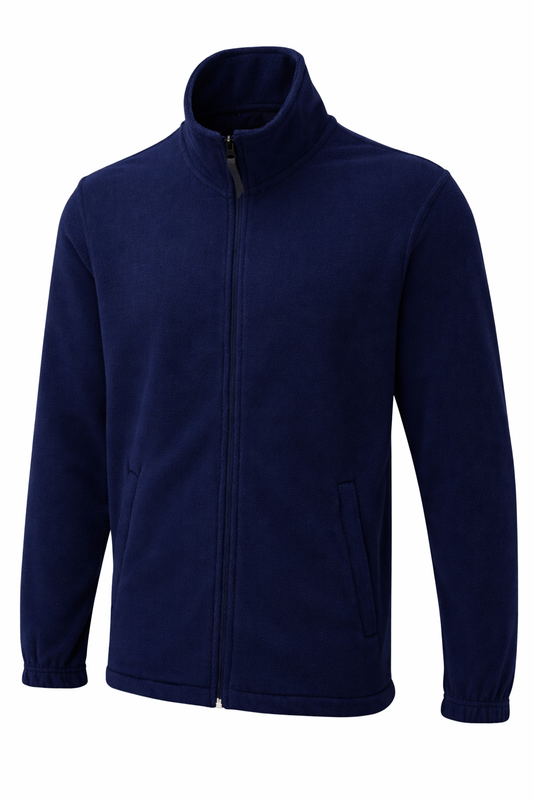 Reblz Spirit Fleecejacke – in Marineblau – Frontansicht – nachhaltig, Biobaumwolle, recyceltes Polyester, Großhandel