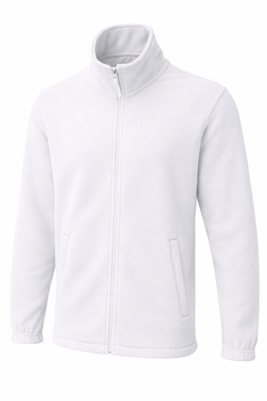 Reblz Spirit Fleecejacke – in Weiß – Frontansicht – nachhaltig, Biobaumwolle, recyceltes Polyester, Großhandel