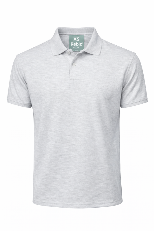 Reblz Flow Poloshirt – in Grau – Frontansicht – nachhaltig, Biobaumwolle, recyceltes Polyester, Großhandel