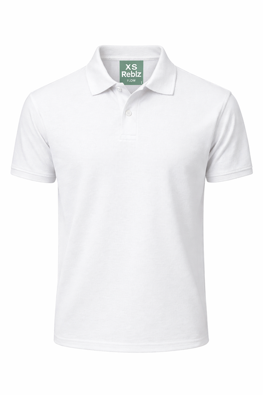 Reblz Flow Poloshirt – in Weiß – Frontansicht – nachhaltig, Biobaumwolle, recyceltes Polyester, Großhandel