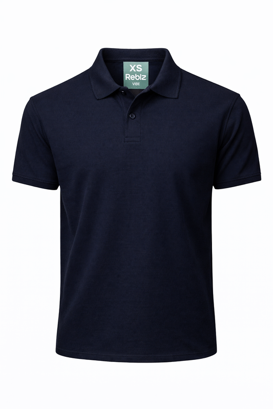 Reblz Vibe Poloshirt – in Marineblau – Frontansicht – nachhaltig, Biobaumwolle, recyceltes Polyester, Großhandel