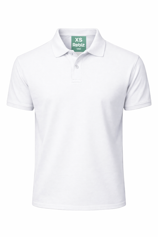 Reblz Vibe Poloshirt – in Weiß – Frontansicht – nachhaltig, Biobaumwolle, recyceltes Polyester, Großhandel