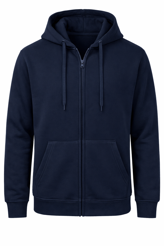 Reblz Next Full Zip Hoodie – in Marineblau – Frontansicht – nachhaltig, Biobaumwolle, recyceltes Polyester, Großhandel
