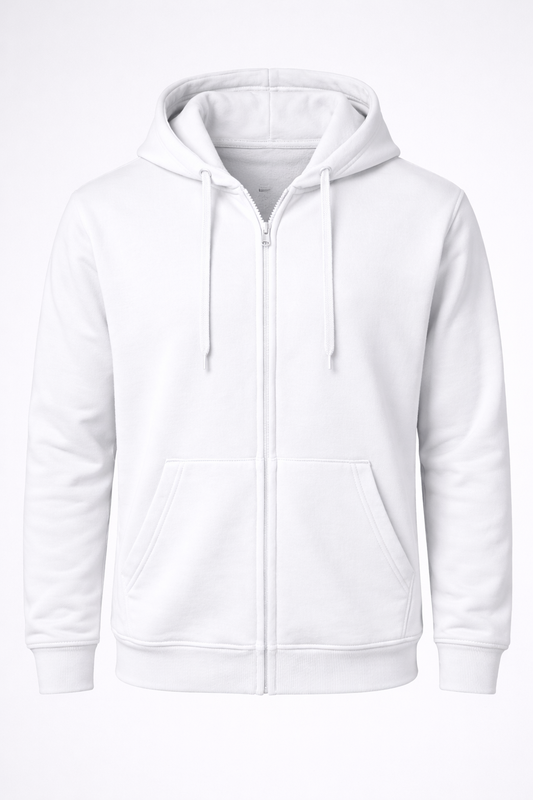 Reblz Next Full Zip Hoodie – in Weiß – Frontansicht – nachhaltig, Biobaumwolle, recyceltes Polyester, Großhandel